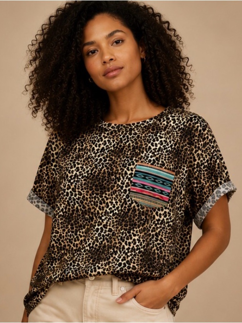 Grace & Emma Leopard Print Pocket Tee Womens XL Boutique Animal Print Top
